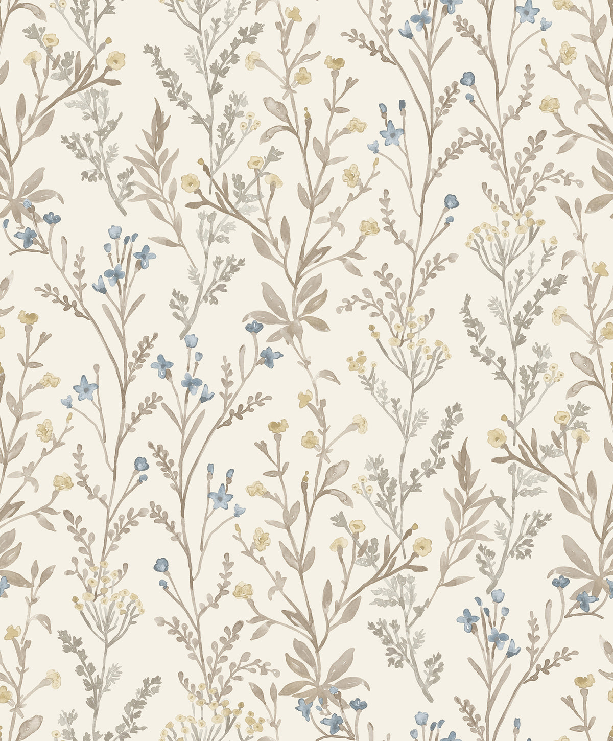 Chesapeake Laverne Wildflowers Wallpaper by York Wallcoverings features a seamless pattern of delicate, hand-drawn wildflowers and leaves in soft beige, brown, blue, and yellow tones on a light cream background.