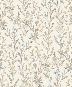 Chesapeake Laverne Wildflowers Wallpaper by York Wallcoverings features a seamless pattern of delicate, hand-drawn wildflowers and leaves in soft beige, brown, blue, and yellow tones on a light cream background.