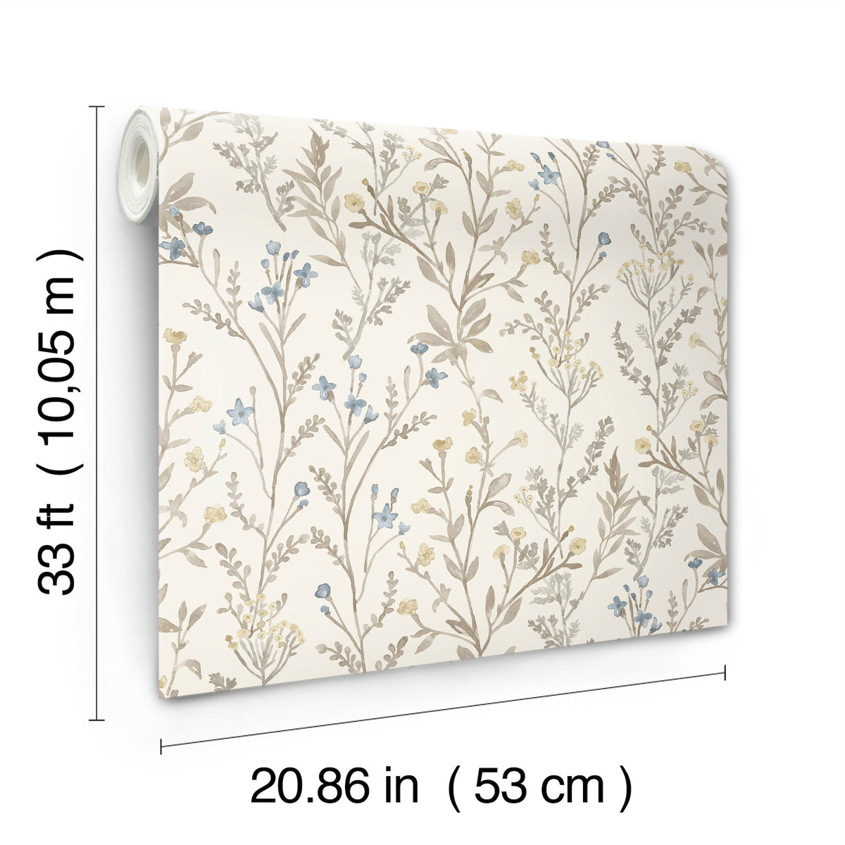 The York Wallcoverings Chesapeake Laverne Wildflowers Wallpaper features a beige background adorned with blue and brown floral patterns. Each roll measures 33 ft (10.05 m) in length and 20.86 in (53 cm) in width.