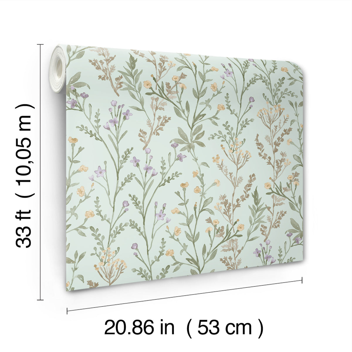 The Chesapeake Laverne Wildflowers Wallpaper by York Wallcoverings is a roll of wallpaper featuring delicate, pastel botanical designs. It measures 33 feet (10.05 meters) in length and 20.86 inches (53 centimeters) in width.