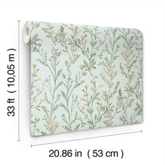 The Chesapeake Laverne Wildflowers Wallpaper by York Wallcoverings is a roll of wallpaper featuring delicate, pastel botanical designs. It measures 33 feet (10.05 meters) in length and 20.86 inches (53 centimeters) in width.