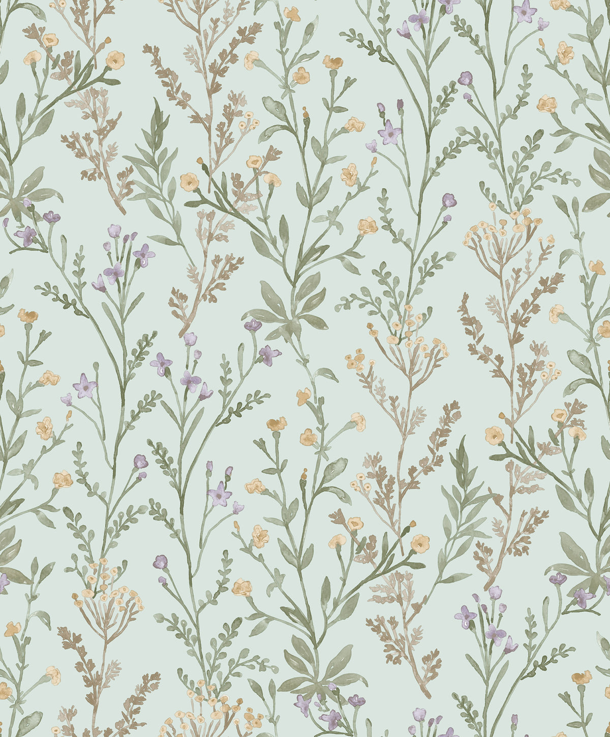 The Chesapeake Laverne Wildflowers Wallpaper by York Wallcoverings features a seamless pattern of delicate wildflowers and leafy stems in muted green, yellow, and lavender tones on a light blue background, creating a soft, vintage, and natural ambiance.
