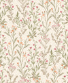 Chesapeake Laverne Wildflowers Wallpaper by York Wallcoverings features a seamless pattern of delicate, hand-drawn wildflowers with green stems and leaves, showcasing pink and orange blossoms on a light cream background.