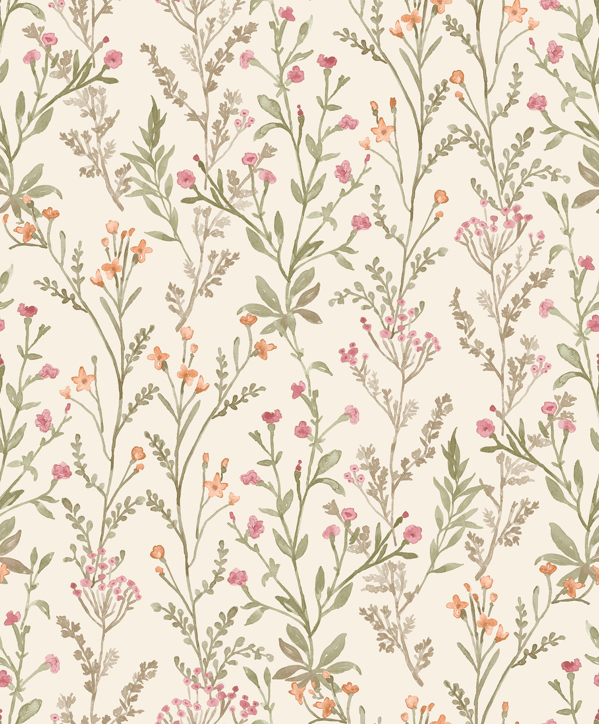 Chesapeake Laverne Wildflowers Wallpaper by York Wallcoverings features a seamless pattern of delicate, hand-drawn wildflowers with green stems and leaves, showcasing pink and orange blossoms on a light cream background.