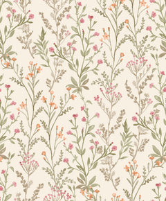The Chesapeake Laverne Wildflowers Wallpaper by York Wallcoverings features a seamless pattern of delicate, hand-drawn wildflowers and green leaves adorned with pink and orange blossoms on a light beige background. This soft, natural, and vintage-inspired design brings timeless charm to any space.