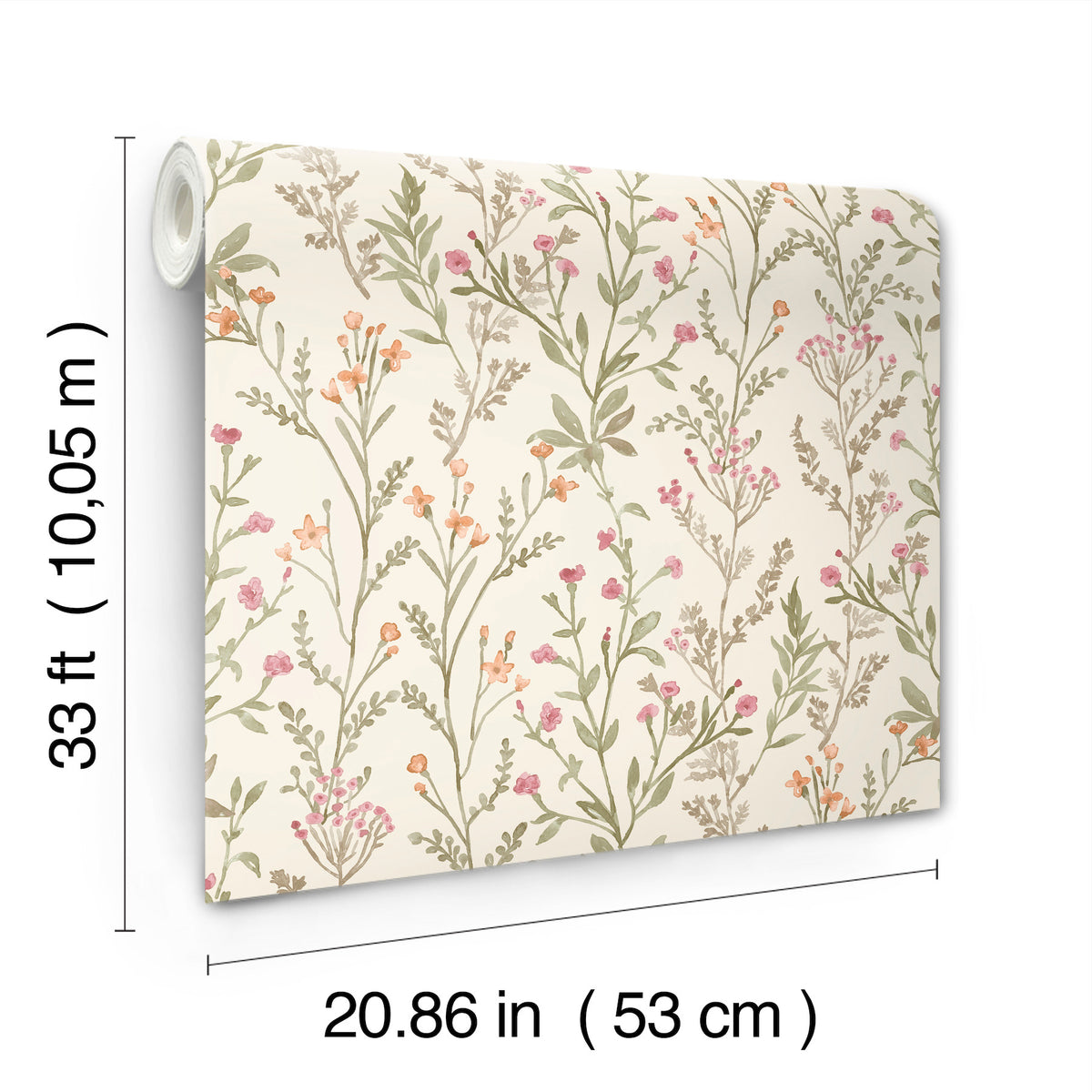 The Chesapeake Laverne Wildflowers Wallpaper by York Wallcoverings features a floral pattern in pink, orange, and green, and comes in a roll measuring 33 ft (10.05 m) long and 20.86 in (53 cm) wide.