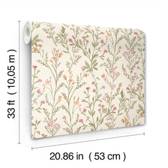 The Chesapeake Laverne Wildflowers Wallpaper by York Wallcoverings features a floral pattern in pink, orange, and green, and comes in a roll measuring 33 ft (10.05 m) long and 20.86 in (53 cm) wide.