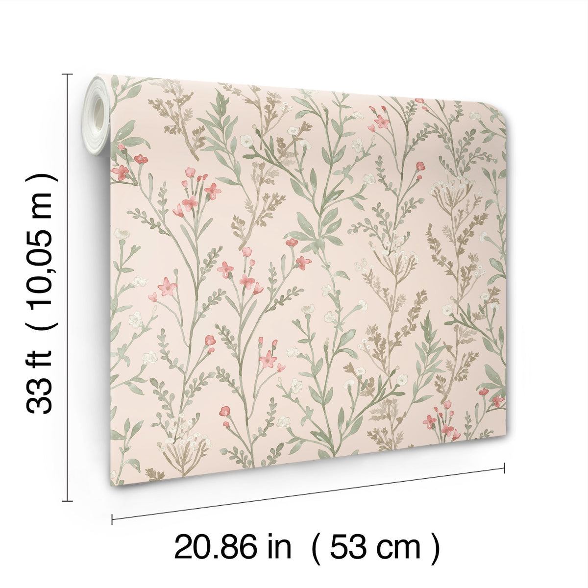 The Chesapeake Laverne Wildflowers Wallpaper by York Wallcoverings features a pink background with a floral pattern and comes in a roll measuring 33 ft (10.05 m) long and 20.86 in (53 cm) wide.