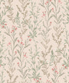 York Wallcoverings Chesapeake Laverne Wildflowers Wallpaper features a seamless pattern of delicate, hand-drawn wildflowers and leafy branches in muted green, pink, and beige tones on a light tan background. The soft, vintage-inspired design adds subtle charm to any space.