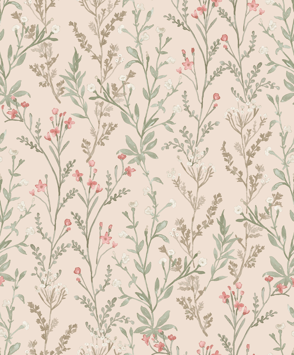 York Wallcoverings Chesapeake Laverne Wildflowers Wallpaper features a seamless pattern of delicate, hand-drawn wildflowers and leafy branches in muted green, pink, and beige tones on a light tan background. The soft, vintage-inspired design adds subtle charm to any space.