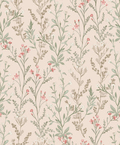 York Wallcoverings Chesapeake Laverne Wildflowers Wallpaper features a seamless pattern of delicate, hand-drawn wildflowers and leafy branches in muted green, pink, and beige tones on a light tan background. The soft, vintage-inspired design adds subtle charm to any space.