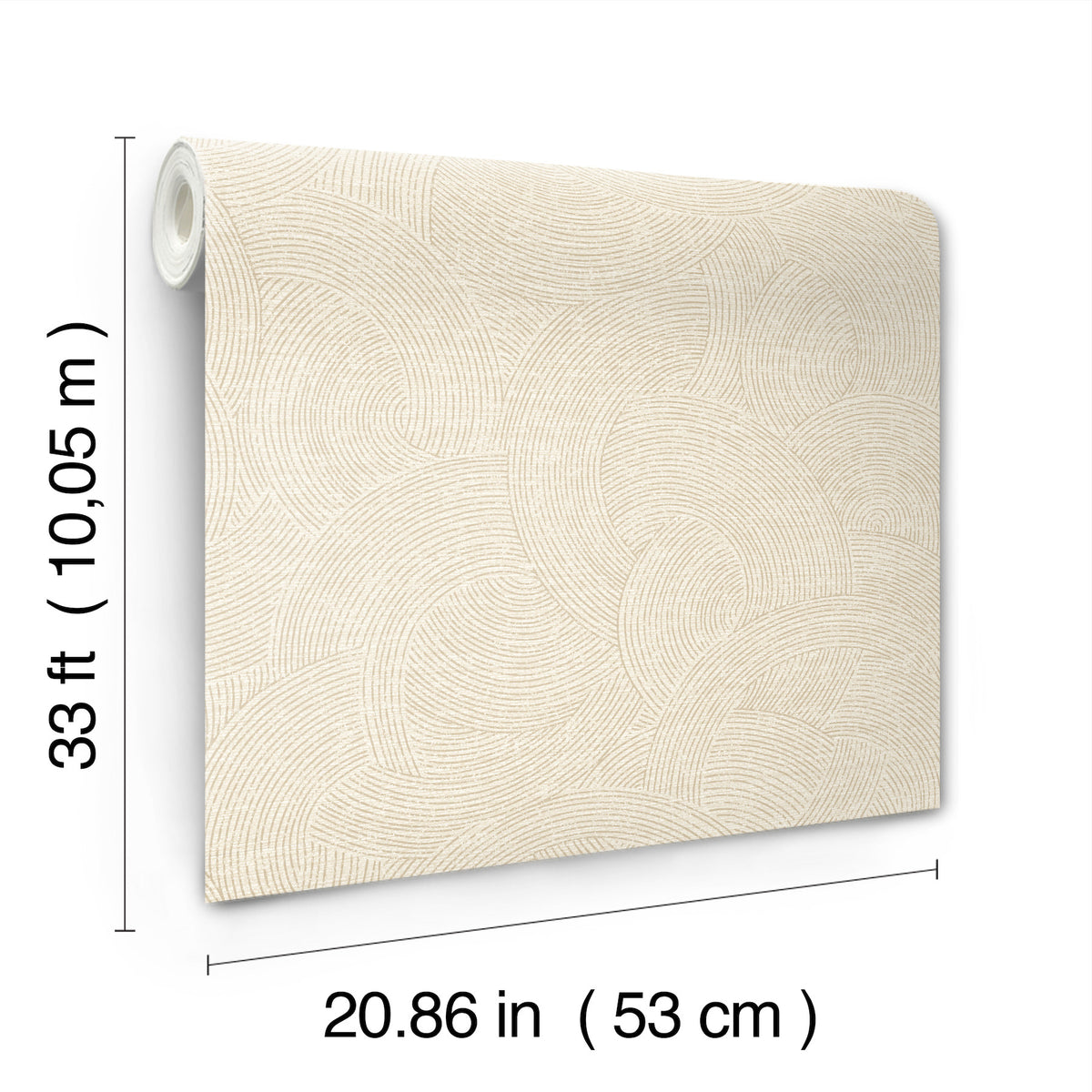 The Chesapeake Harrison Swirling Geometric Wallpaper by York Wallcoverings is shown in beige with a textured, swirling pattern. The roll measures 33 ft (10.05 m) in length and 20.86 in (53 cm) in width.