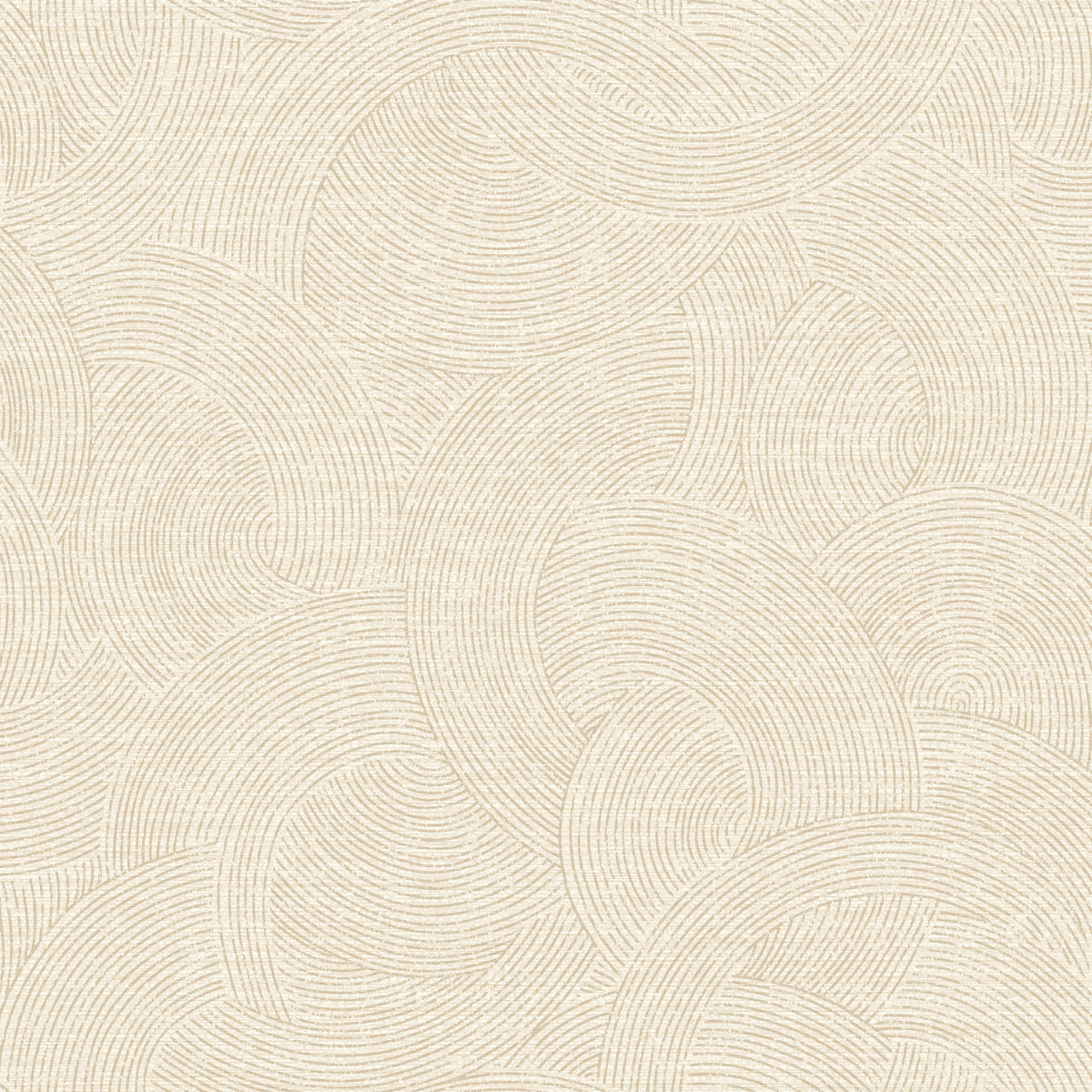 Chesapeake Harrison Swirling Geometric Wallpaper by York Wallcoverings features a beige pattern with overlapping, curved lines that form arches and concentric circles, creating an abstract, textured, and geometric background.
