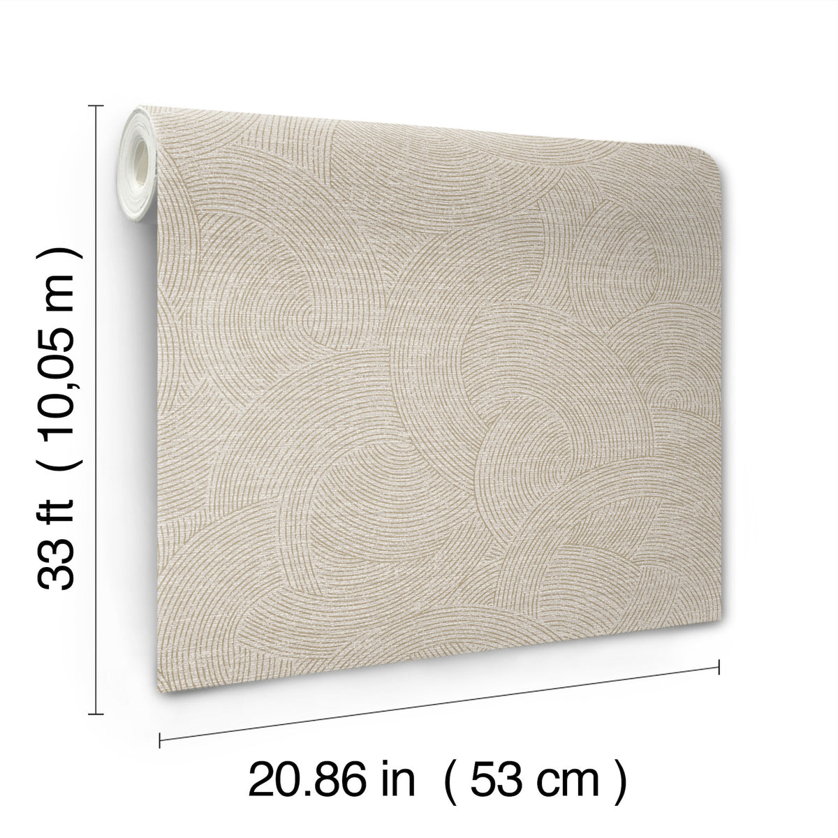 Introducing the Chesapeake Harrison Swirling Geometric Wallpaper by York Wallcoverings—a roll of textured beige wallpaper featuring elegant swirling patterns. Each roll measures 33 ft (10.05 m) in length and 20.86 in (53 cm) in width.