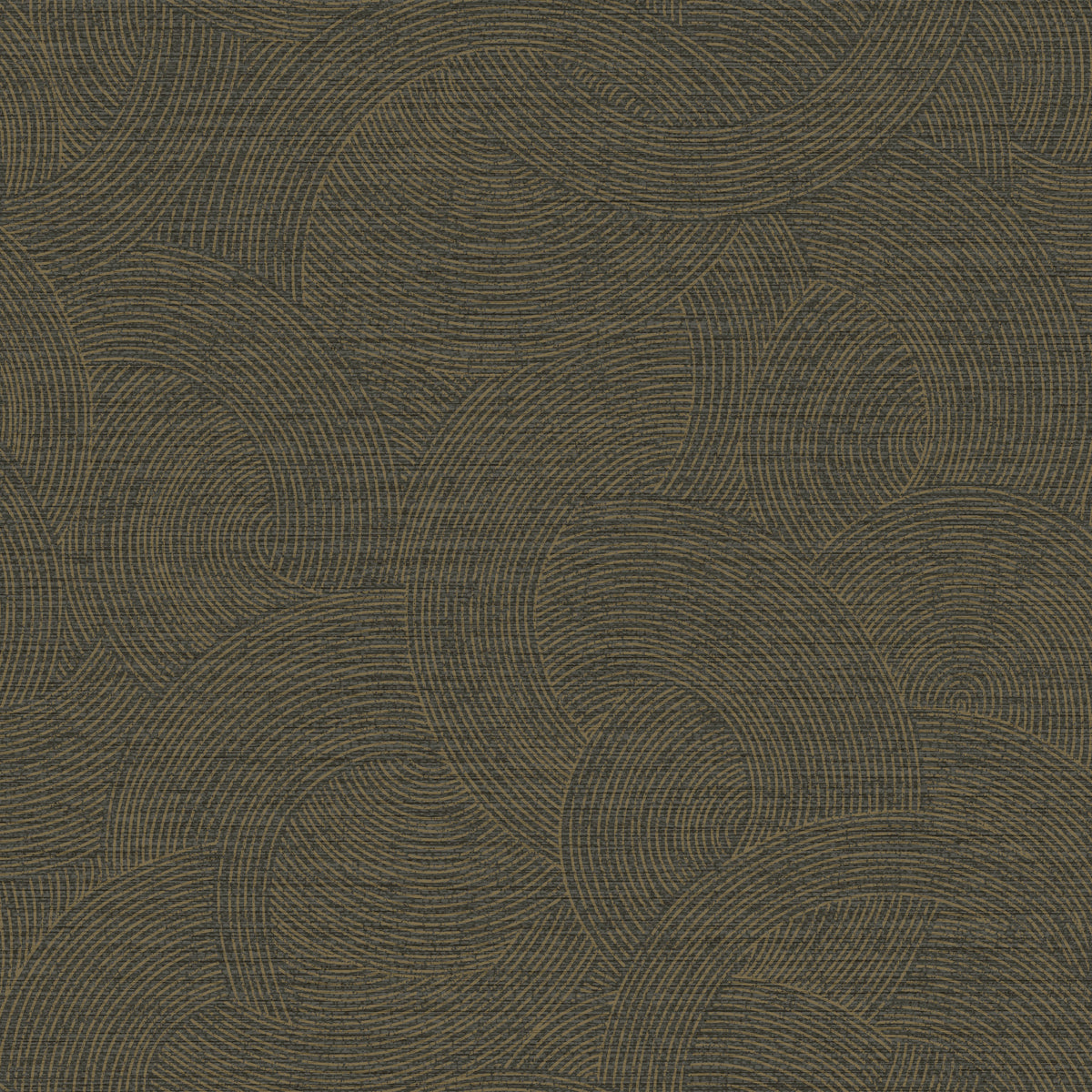 Featuring a textured, geometric design of overlapping dark brown arcs and circles made of fine, closely spaced lines on a black background, the Chesapeake Harrison Swirling Geometric Wallpaper by York Wallcoverings adds sophisticated abstract style to any space.