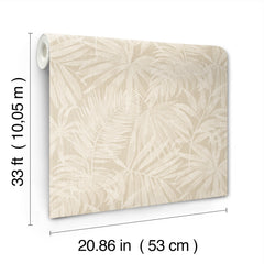 The Chesapeake Sonny Fronds Wallpaper by York Wallcoverings is a beige wallpaper roll featuring a subtle leaf pattern, measuring 33 feet (10.05 meters) in length and 20.86 inches (53 cm) in width, shown with labeled dimensions.