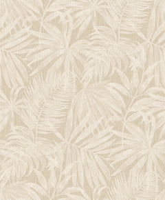 Chesapeake Sonny Fronds Wallpaper by York Wallcoverings features a subtle, repeating tropical palm leaf pattern in beige and off-white, offering a textured and natural look. This soft, monochromatic design creates a calm and elegant backdrop for any space.