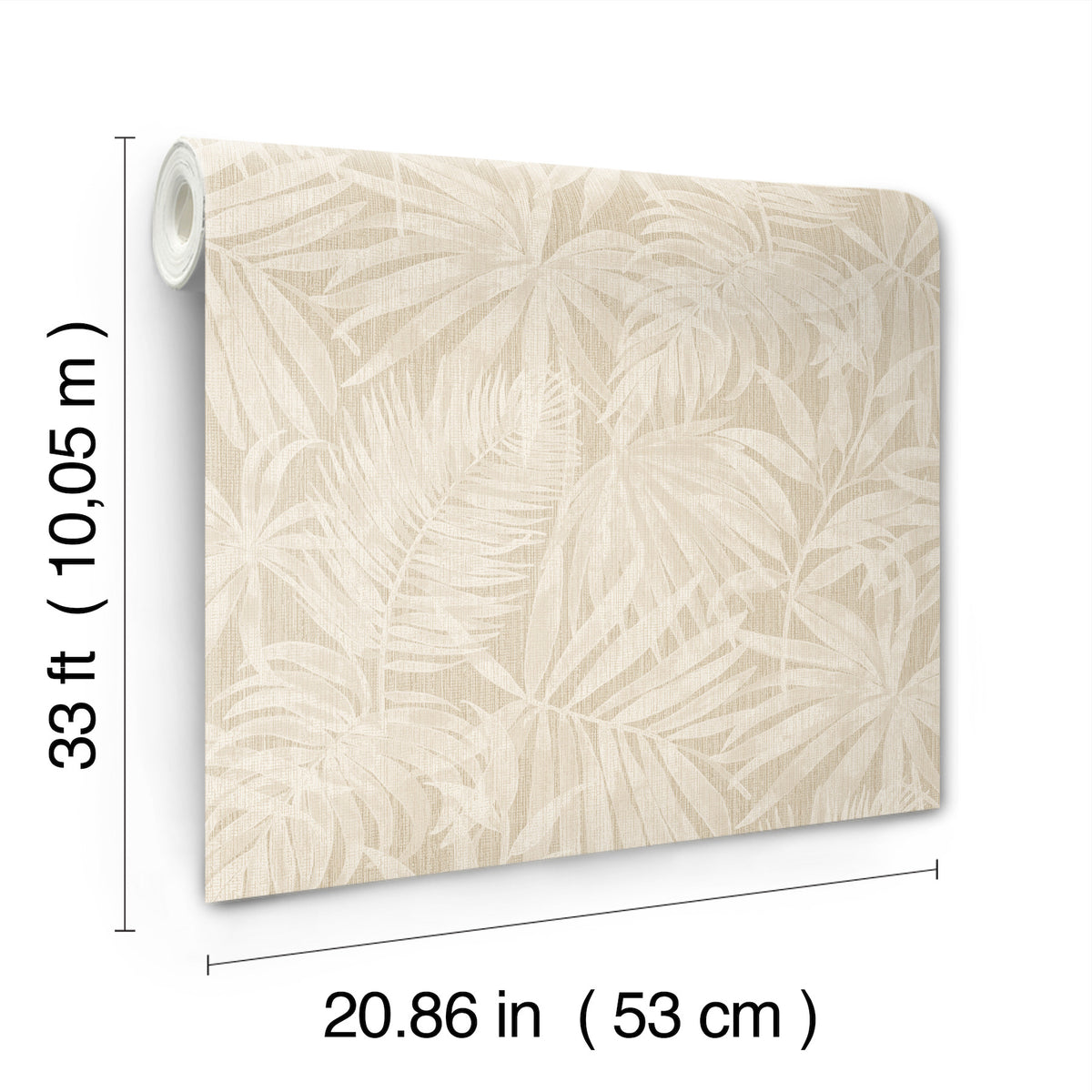 The Chesapeake Sonny Fronds Wallpaper by York Wallcoverings features a beige leaf pattern and comes in a roll measuring 33 feet (10.05 m) long and 20.86 inches (53 cm) wide.