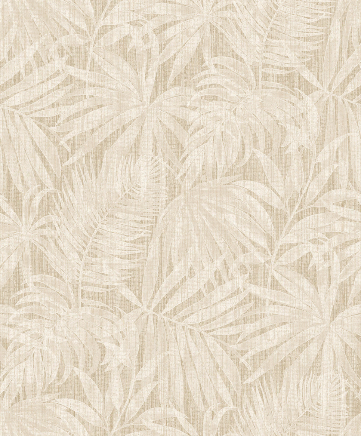 The Chesapeake Sonny Fronds Wallpaper by York Wallcoverings features a beige tropical leaf pattern with overlapping palm fronds and foliage on a textured background, offering a subtle, monochromatic, and natural aesthetic.