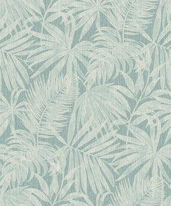 Introducing the Chesapeake Sonny Fronds Wallpaper by York Wallcoverings, featuring a light blue and white tropical leaf pattern with overlapping palm fronds and large botanical leaves on a textured background for a soft, natural look.