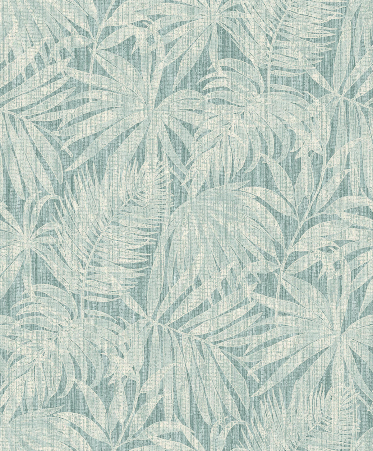 The Chesapeake Sonny Fronds Wallpaper by York Wallcoverings features a light blue and white tropical palm leaf pattern with overlapping leaves set against a textured background, creating a soft, botanical, and relaxing design.