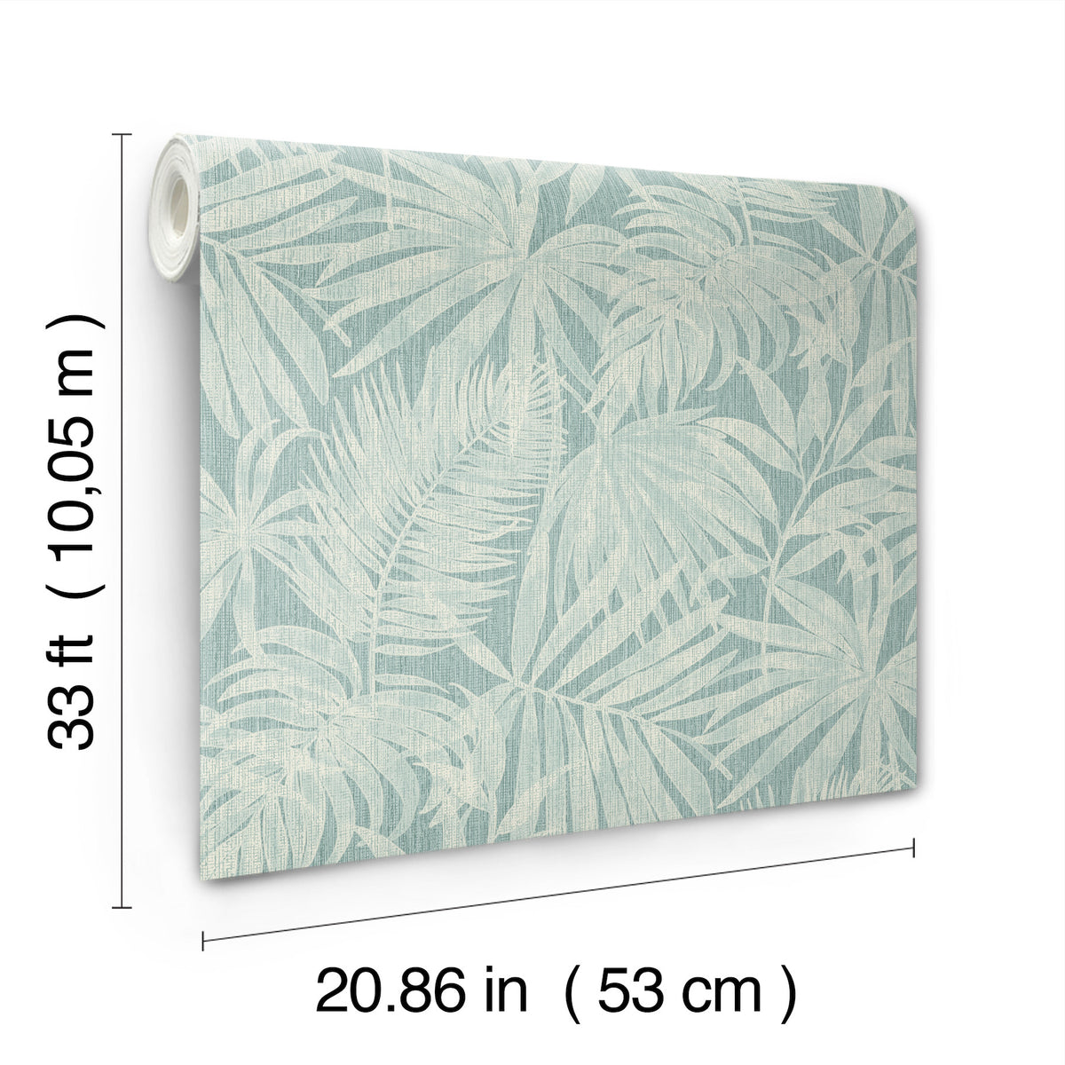 The Chesapeake Sonny Fronds Wallpaper by York Wallcoverings features a light blue background with a white tropical leaf pattern. Each roll measures 33 ft (10.05 m) long and 20.86 in (53 cm) wide.