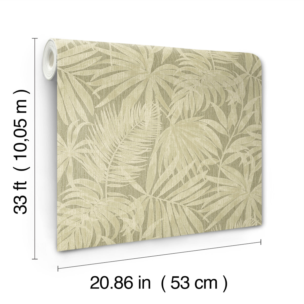 The Chesapeake Sonny Fronds Wallpaper by York Wallcoverings features a light beige background with a subtle tropical palm leaf pattern. Each roll measures 33 feet (10.05 meters) in length and 20.86 inches (53 cm) in width.