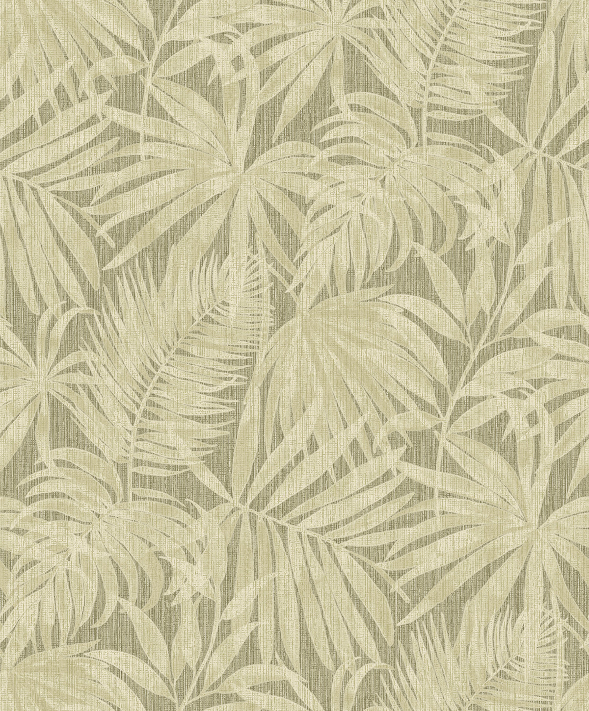 The Chesapeake Sonny Fronds Wallpaper by York Wallcoverings features overlapping beige tropical palm leaves set against a textured, muted green background, creating a subtle and natural leafy pattern. This seamless and decorative design evokes a calm, botanical atmosphere.