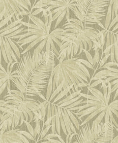 The Chesapeake Sonny Fronds Wallpaper by York Wallcoverings features overlapping beige tropical palm leaves set against a textured, muted green background, creating a subtle and natural leafy pattern. This seamless and decorative design evokes a calm, botanical atmosphere.
