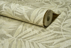 A partially unrolled roll of York Wallcoverings Chesapeake Sonny Fronds Wallpaper features a beige and light brown palm leaf pattern that seamlessly blends into the background.