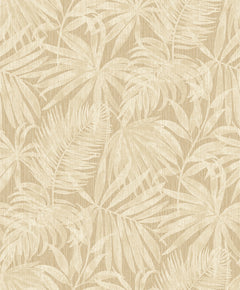 Chesapeake Sonny Fronds Wallpaper by York Wallcoverings features a beige tropical palm leaf pattern on a textured background, with overlapping leaves and subtle shading that creates a natural, woven appearance.