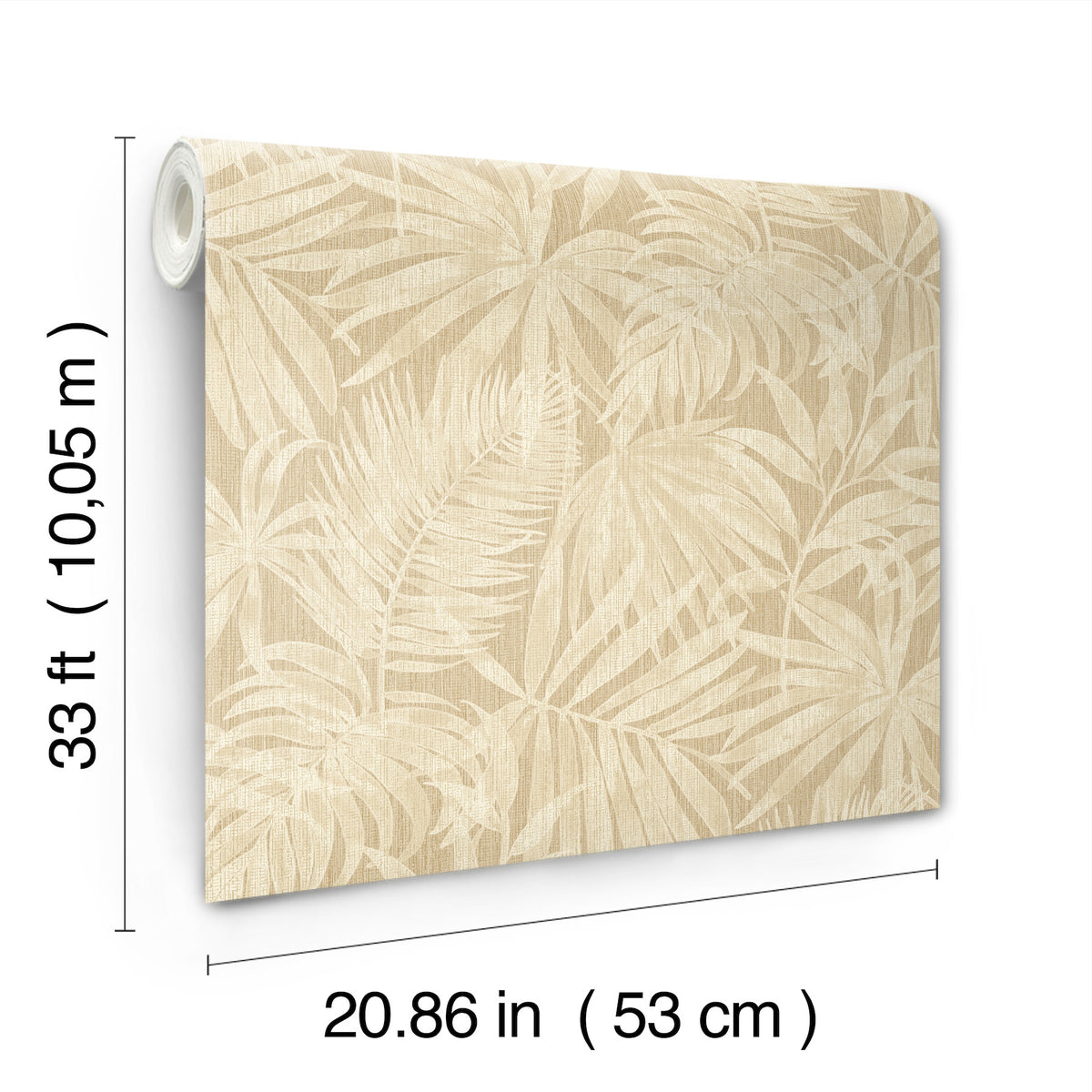 The York Wallcoverings Chesapeake Sonny Fronds Wallpaper features a leafy pattern in beige and comes in a roll measuring 33 ft (10.05 m) long and 20.86 in (53 cm) wide.