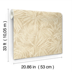 The York Wallcoverings Chesapeake Sonny Fronds Wallpaper features a leafy pattern in beige and comes in a roll measuring 33 ft (10.05 m) long and 20.86 in (53 cm) wide.