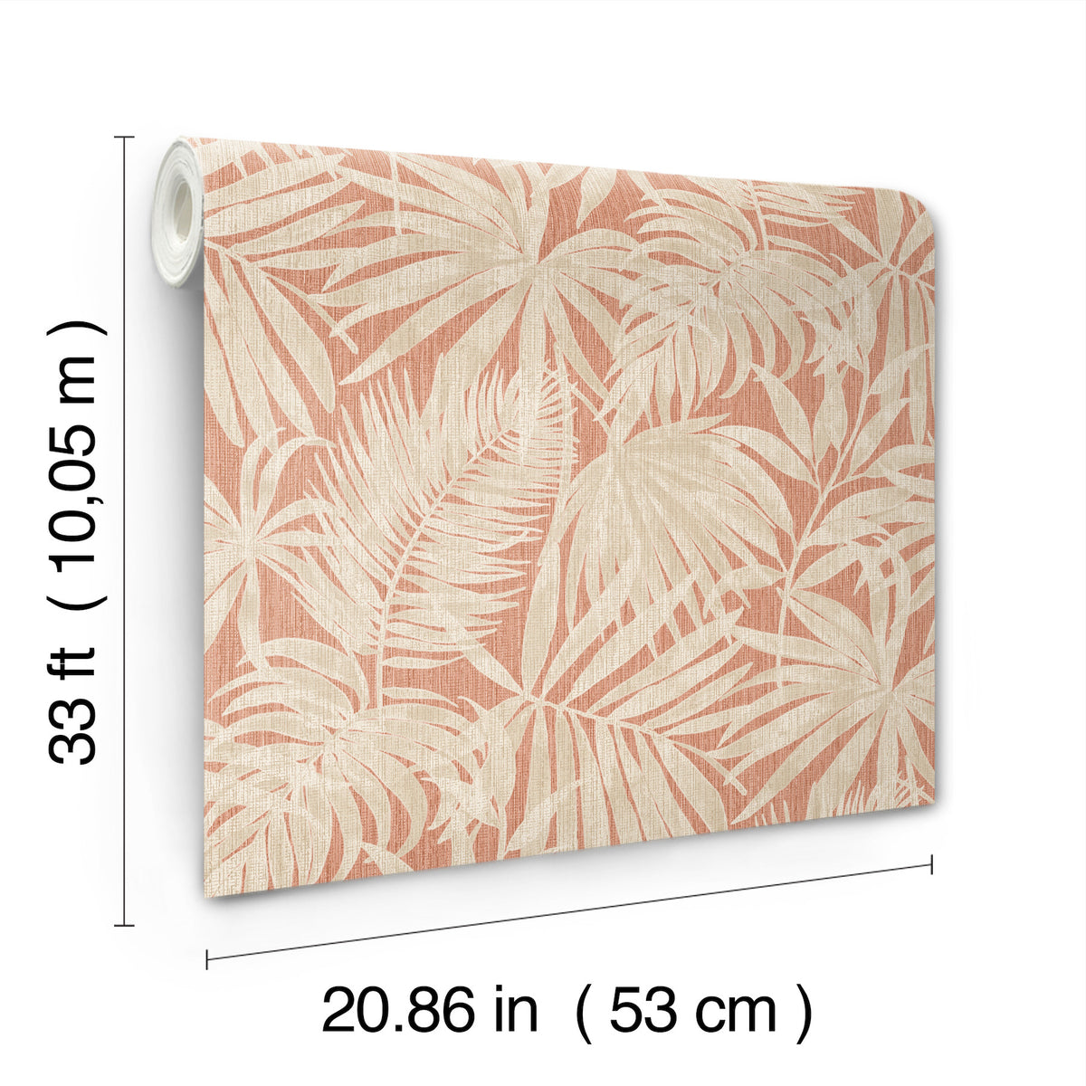 The York Wallcoverings Chesapeake Sonny Fronds Wallpaper features a beige tropical leaf pattern on a coral background and comes in a roll measuring 33 feet (10.05 m) long by 20.86 inches (53 cm) wide.