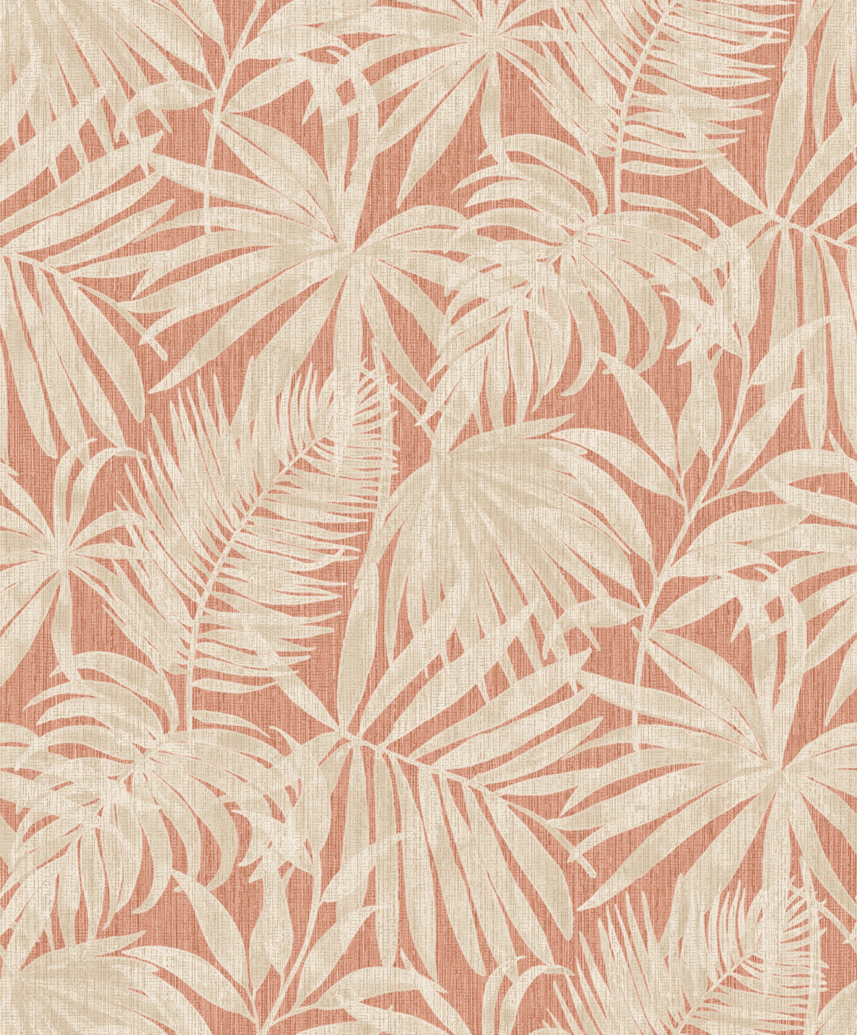 Adorn your walls with the Chesapeake Sonny Fronds Wallpaper by York Wallcoverings, featuring a dense pattern of beige tropical palm and monstera leaves layered on a textured, muted coral background for a seamless botanical wallpaper look.