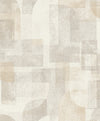 Chesapeake Cassandra Block Geometric Wallpaper by York Wallcoverings features an abstract geometric pattern with overlapping rectangles, squares, and curves in muted beige, gray, and cream tones, creating a textured and modern look.
