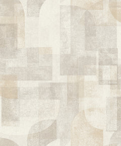 Chesapeake Cassandra Block Geometric Wallpaper by York Wallcoverings features an abstract geometric pattern with overlapping rectangles, squares, and curves in muted beige, gray, and cream tones, creating a textured and modern look.
