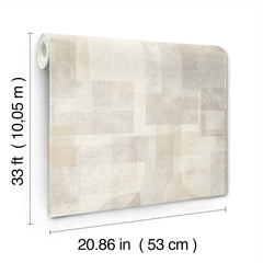 A roll of York Wallcoverings’ Chesapeake Cassandra Block Geometric Wallpaper features a beige geometric pattern and measures 33 ft (10.05 m) in length by 20.86 in (53 cm) in width.