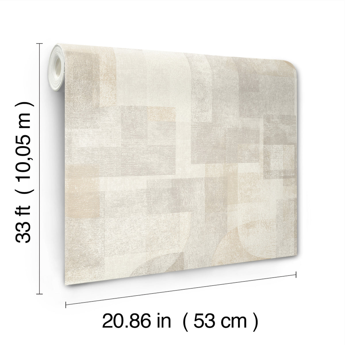 The York Wallcoverings Chesapeake Cassandra Block Geometric Wallpaper features a light beige geometric pattern and comes in a roll measuring 33 ft (10.05 m) long by 20.86 in (53 cm) wide.