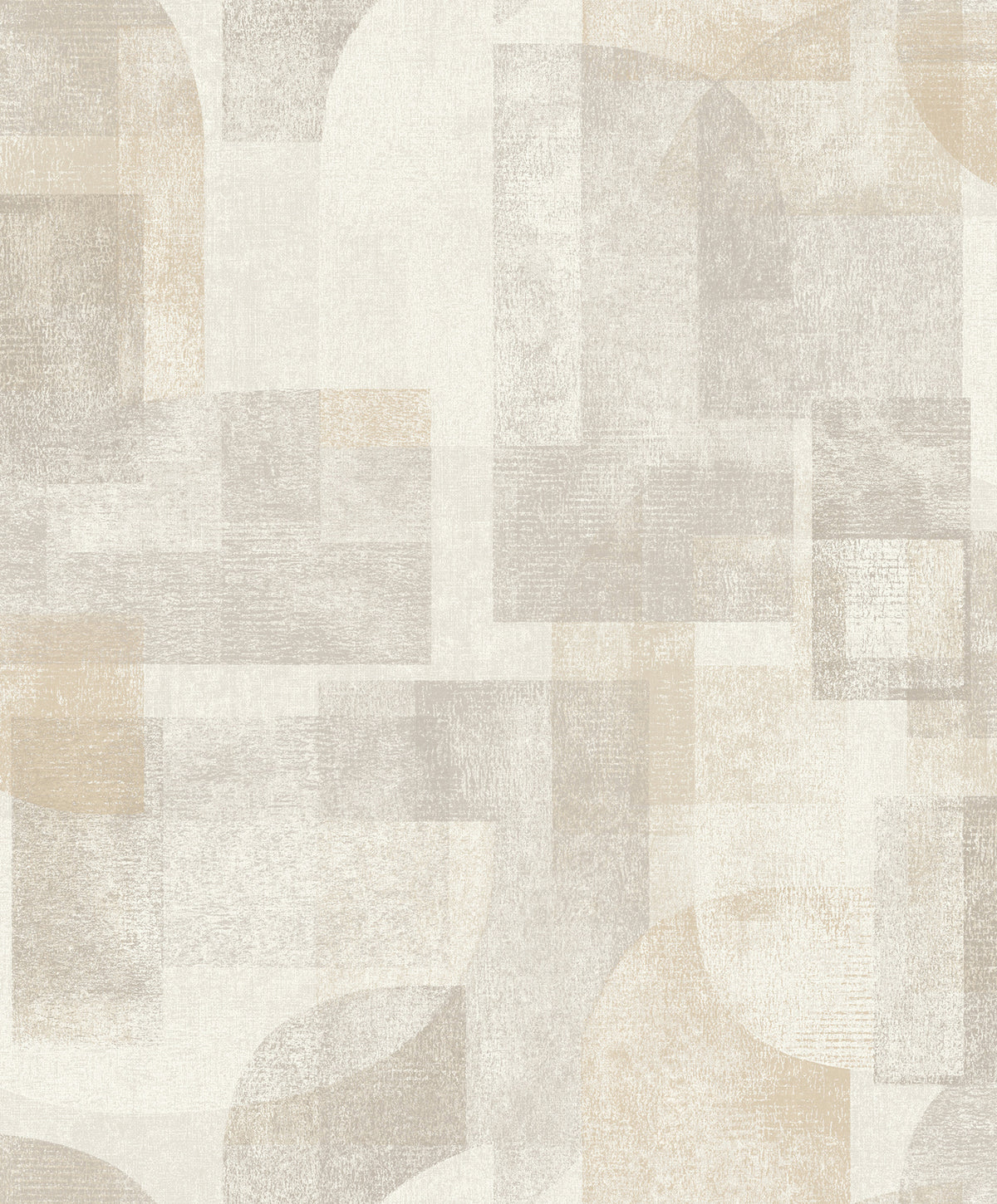 Chesapeake Cassandra Block Geometric Wallpaper by York Wallcoverings features an abstract geometric pattern with overlapping rectangles, squares, and arches in muted beige, gray, and cream tones. The design’s texture appears soft and slightly distressed.