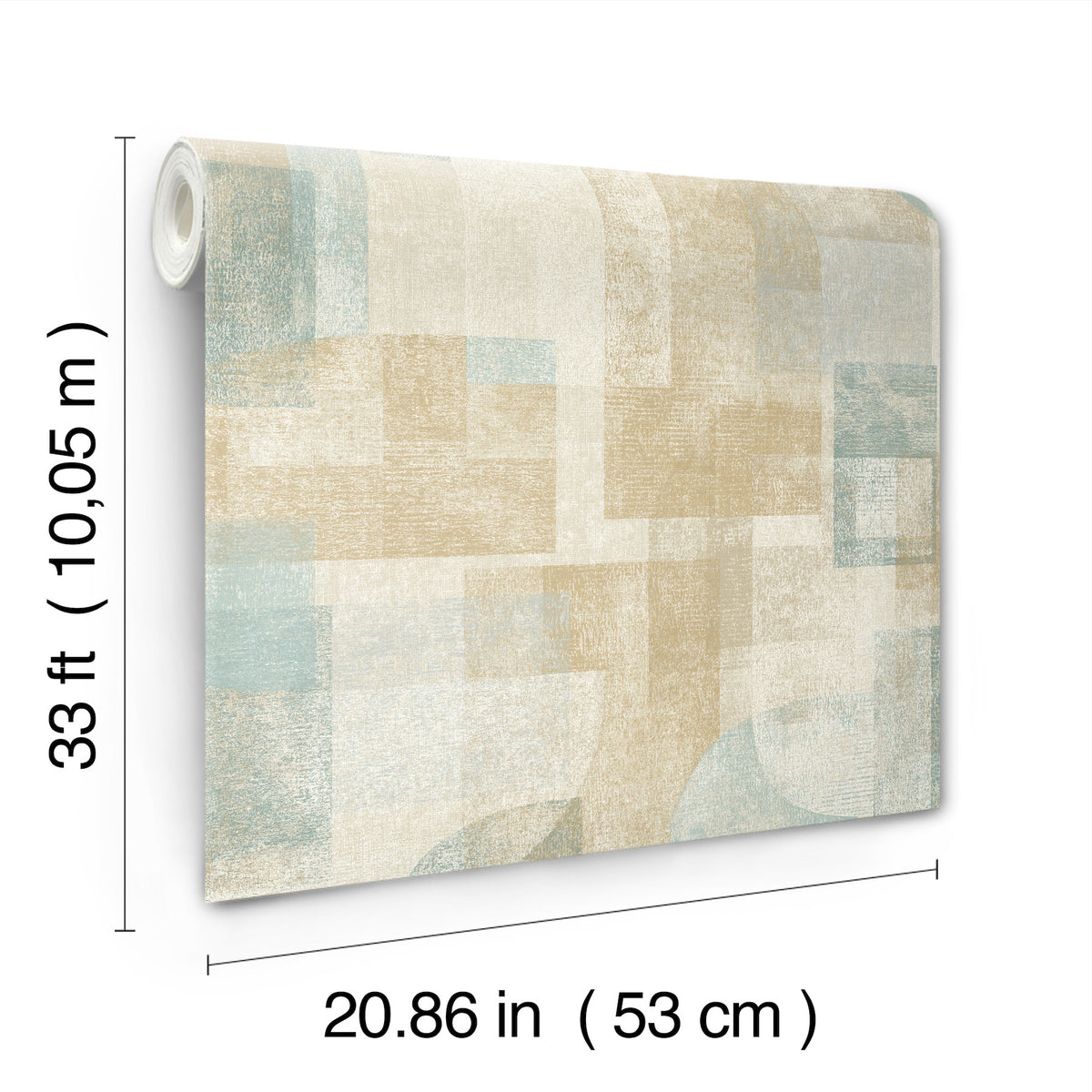 The York Wallcoverings Chesapeake Cassandra Block Geometric Wallpaper features abstract beige and light blue patterns and comes in a roll measuring 33 ft (10.05 m) long by 20.86 in (53 cm) wide.