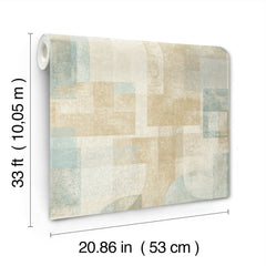 The York Wallcoverings Chesapeake Cassandra Block Geometric Wallpaper features abstract beige and light blue patterns and comes in a roll measuring 33 ft (10.05 m) long by 20.86 in (53 cm) wide.