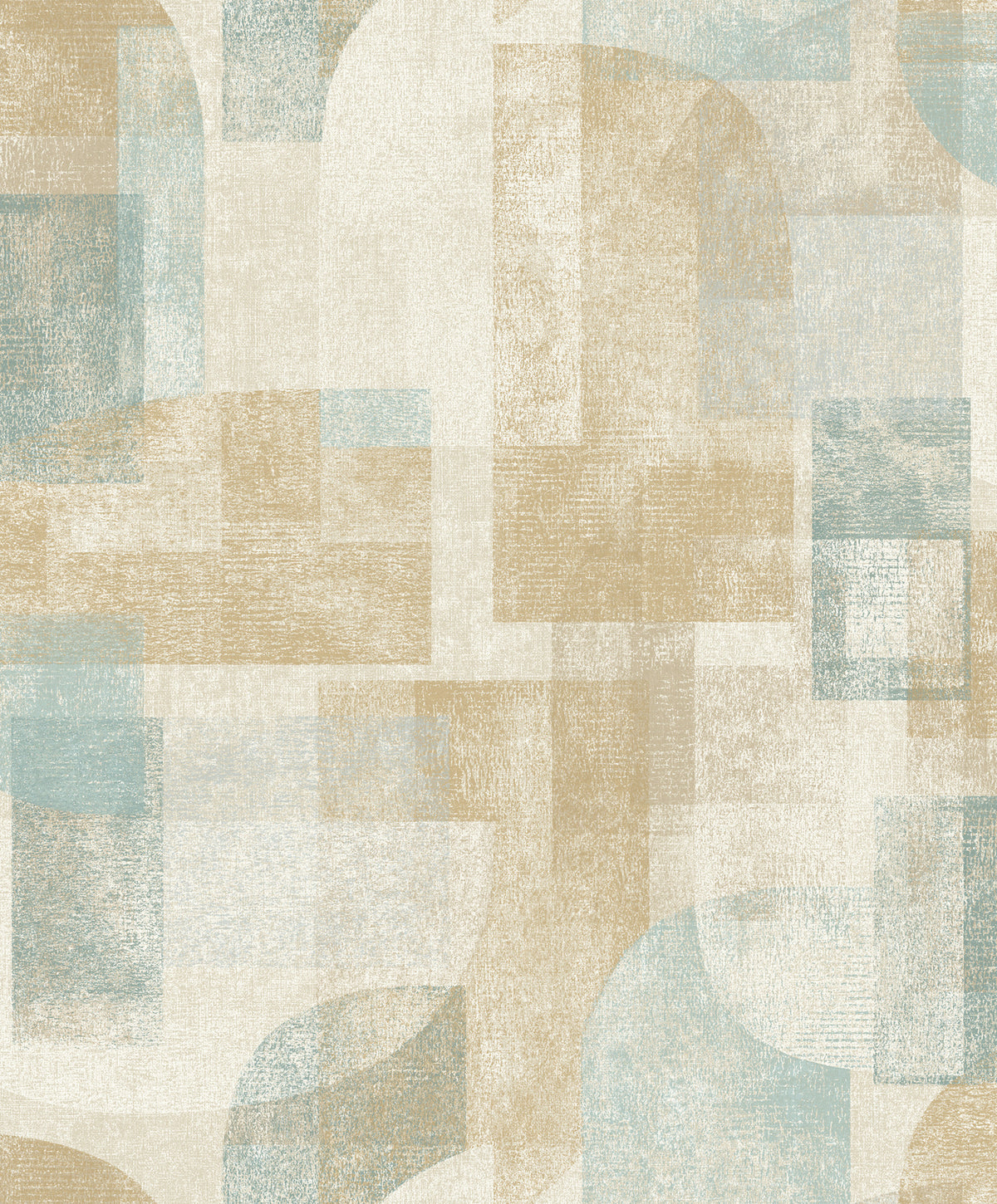 The Chesapeake Cassandra Block Geometric Wallpaper by York Wallcoverings features an abstract geometric pattern with overlapping rectangles and curved shapes in muted beige, blue, and white tones, creating a textured, layered effect.