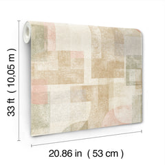 The Chesapeake Cassandra Block Geometric Wallpaper by York Wallcoverings features a pastel geometric pattern in beige, pink, and green tones. Each roll measures 33 ft (10.05 m) in length and 20.86 in (53 cm) in width.