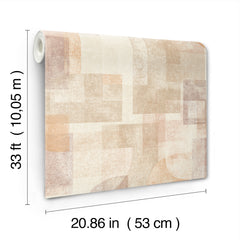 The Chesapeake Cassandra Block Geometric Wallpaper by York Wallcoverings features abstract geometric beige and peach patterns and comes in a roll measuring 33 feet (10.05 meters) long and 20.86 inches (53 centimeters) wide.