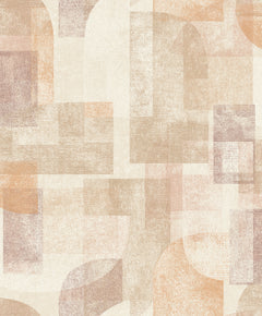 Chesapeake Cassandra Block Geometric Wallpaper by York Wallcoverings features an abstract arrangement of overlapping rectangles, squares, and curved forms in soft beige, tan, and peach tones with a textured, painterly effect.