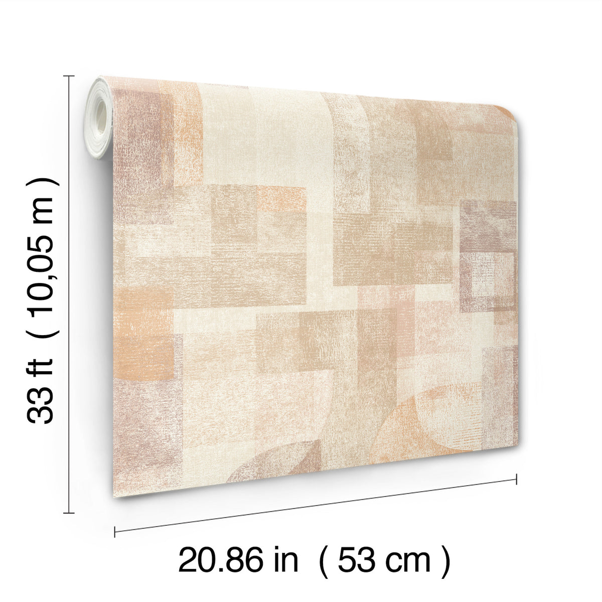 The Chesapeake Cassandra Block Geometric Wallpaper by York Wallcoverings features an abstract pattern in beige and peach tones and comes in a roll measuring 33 ft (10.05 m) long and 20.86 in (53 cm) wide.