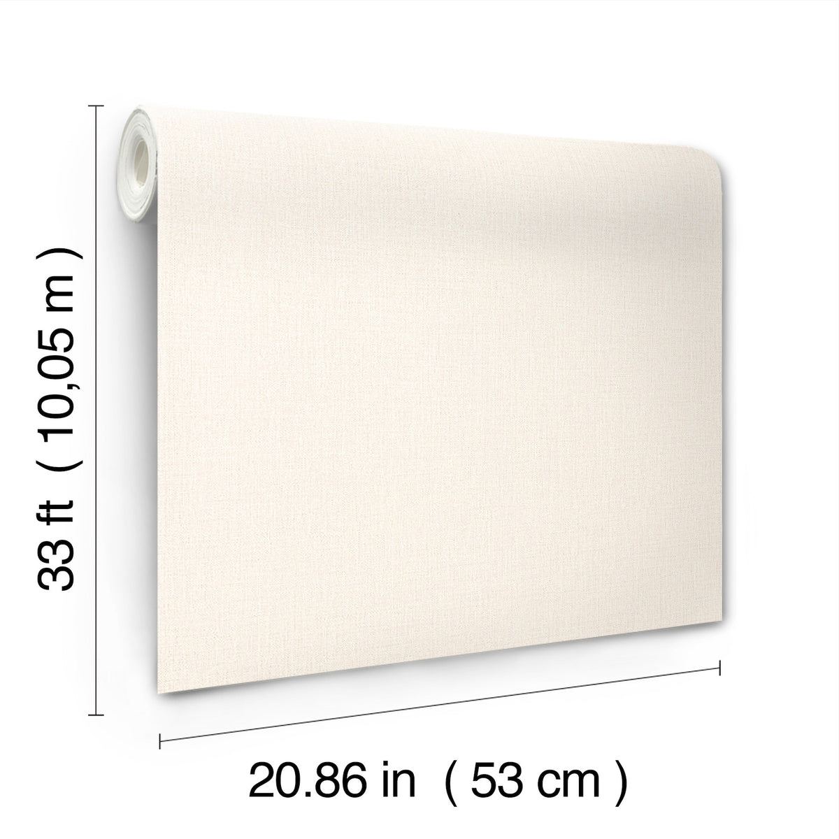 A roll of Chesapeake Sonia Faux Linen Wallpaper by York Wallcoverings, in beige, is unrolled against a white background. The labeled dimensions are 33 ft (10.05 m) in height and 20.86 in (53 cm) in width.