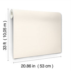 A roll of Chesapeake Sonia Faux Linen Wallpaper by York Wallcoverings, in beige, is unrolled against a white background. The labeled dimensions are 33 ft (10.05 m) in height and 20.86 in (53 cm) in width.