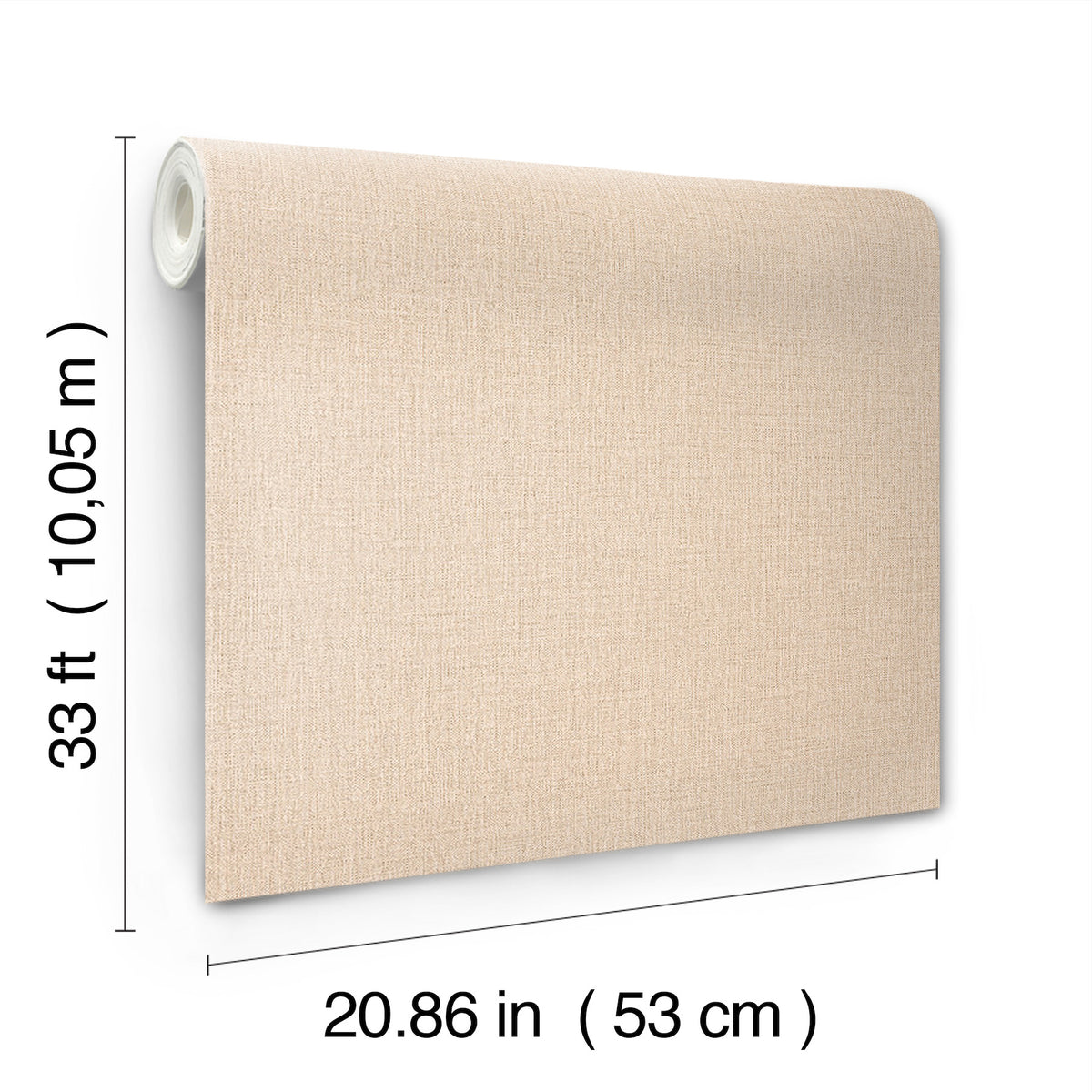 The Chesapeake Sonia Faux Linen Wallpaper by York Wallcoverings is shown partially unrolled. Its dimensions are labeled: 33 ft (10.05 m) in length and 20.86 in (53 cm) in width.